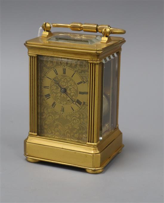 A late 19th century French bass cased eight day striking carriage clock 12cm high